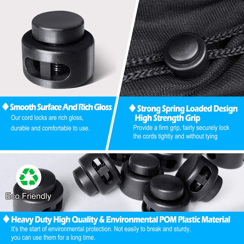 AQRINGO 30 Pcs Plastic Cord Locks Double Hole Spring Toggle Stopper Cord Stops Fastener Toggles for Shoelaces  Drawstrings  Paracord  Bags  Clothing  and More  Black - Image 4